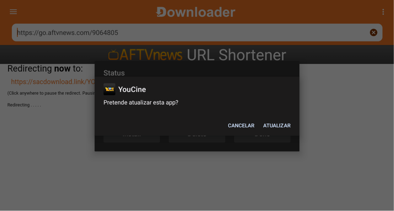 Tela de confirmação para instalar o YouCine