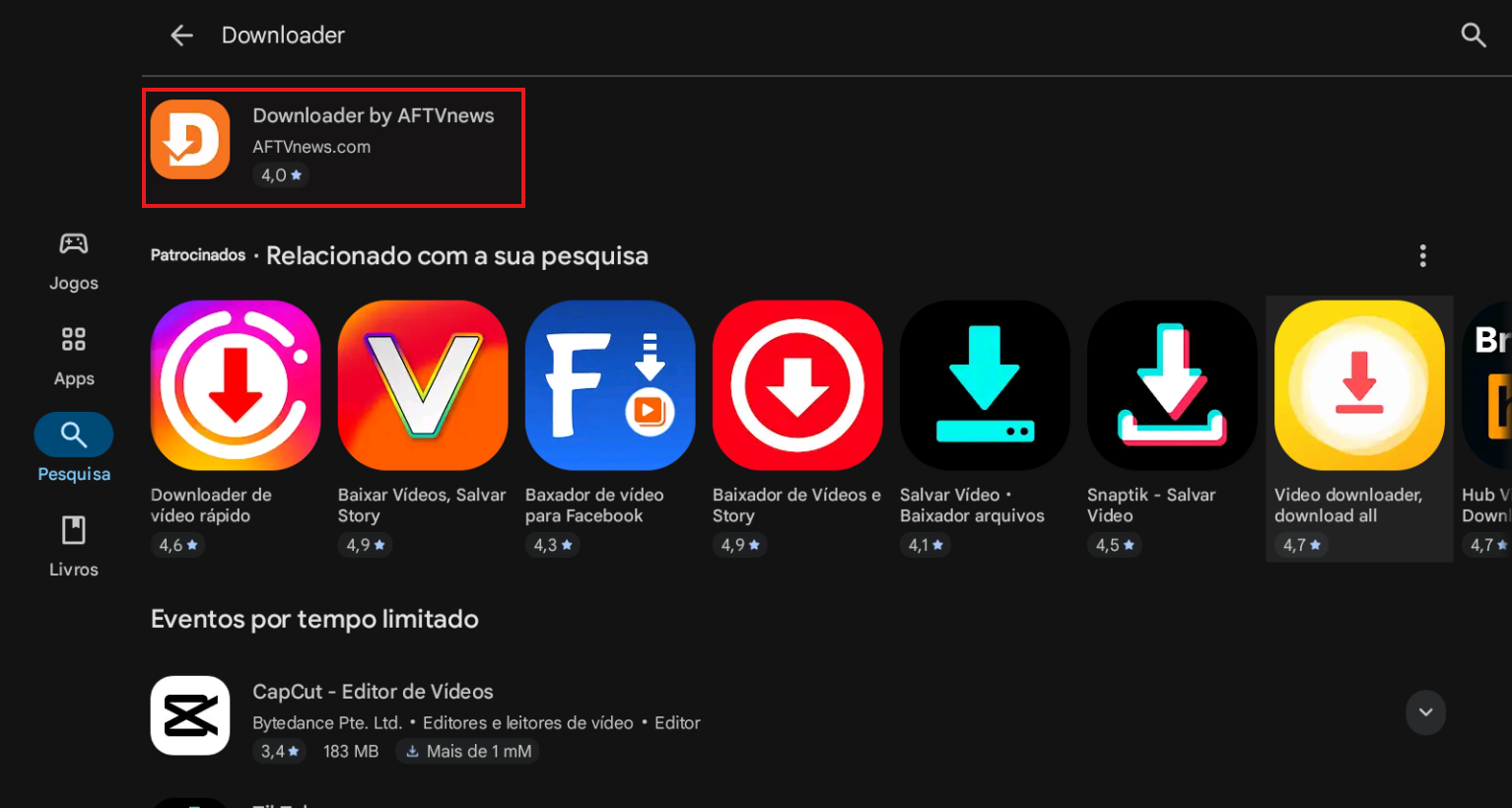 Resultado da busca pelo app Downloader by AFTVnews
